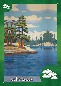 Echolakes in green: pines on a rocky shoreline under tall cloud, with a cloud symbol at the lower right