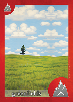 Greenfields in red: open grassland running to a low horizon, with a mountain symbol at the lower right