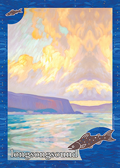 Longsongsound in blue: a wide bay at dusk under streaked cloud, with a fish at the lower right