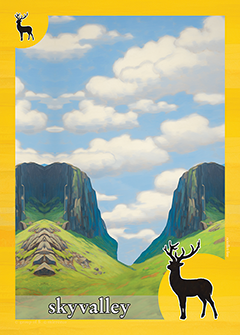 Skyvalley in yellow: pale grey peaks above a green valley, with a deer at the lower right
